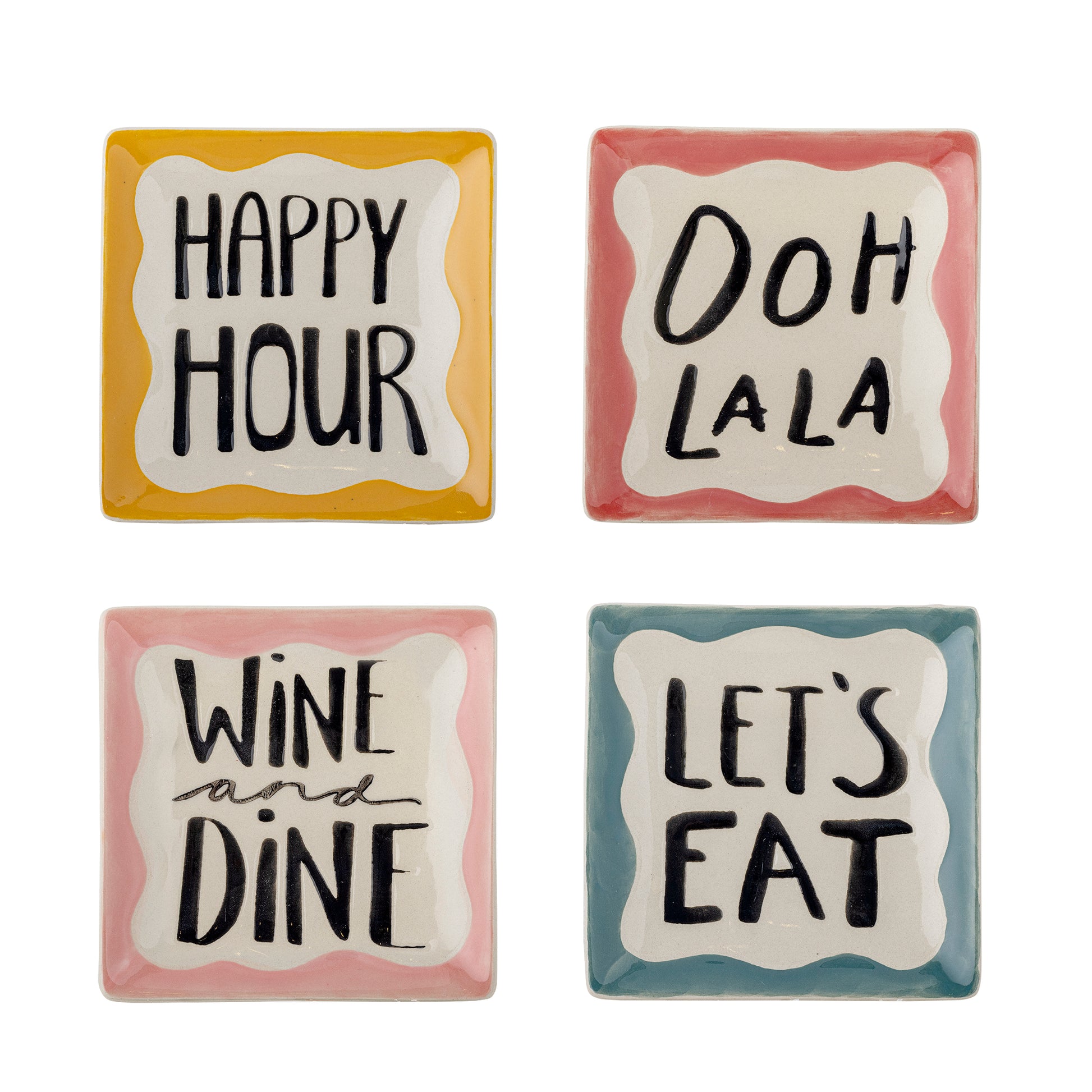 Four square ceramic tiles with humorous sayings on a white background
