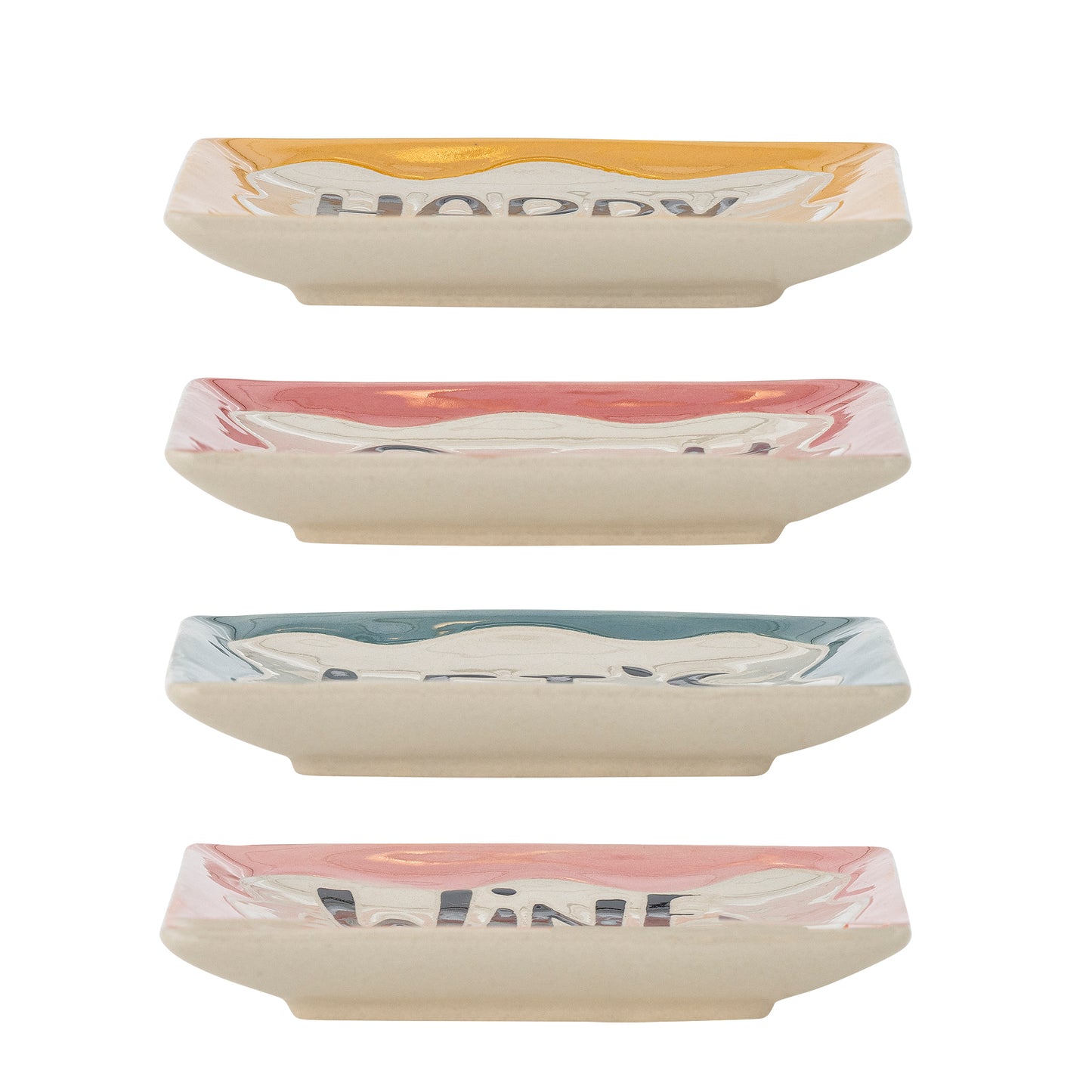 Set of four ceramic trays with different designs and text on a white background