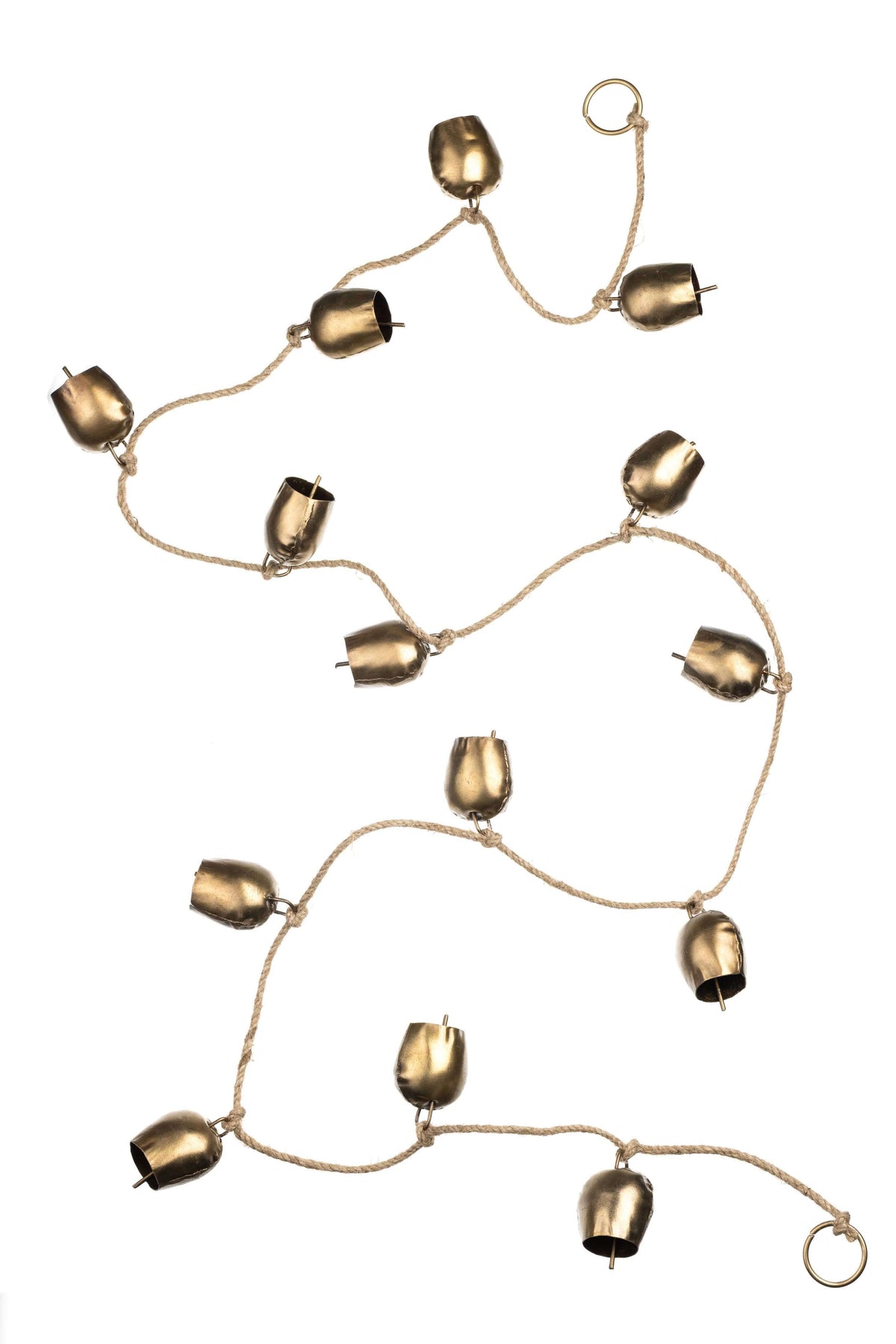A string of small metallic cow bells on a rope, arranged in a loose spiral pattern against a solid white background.