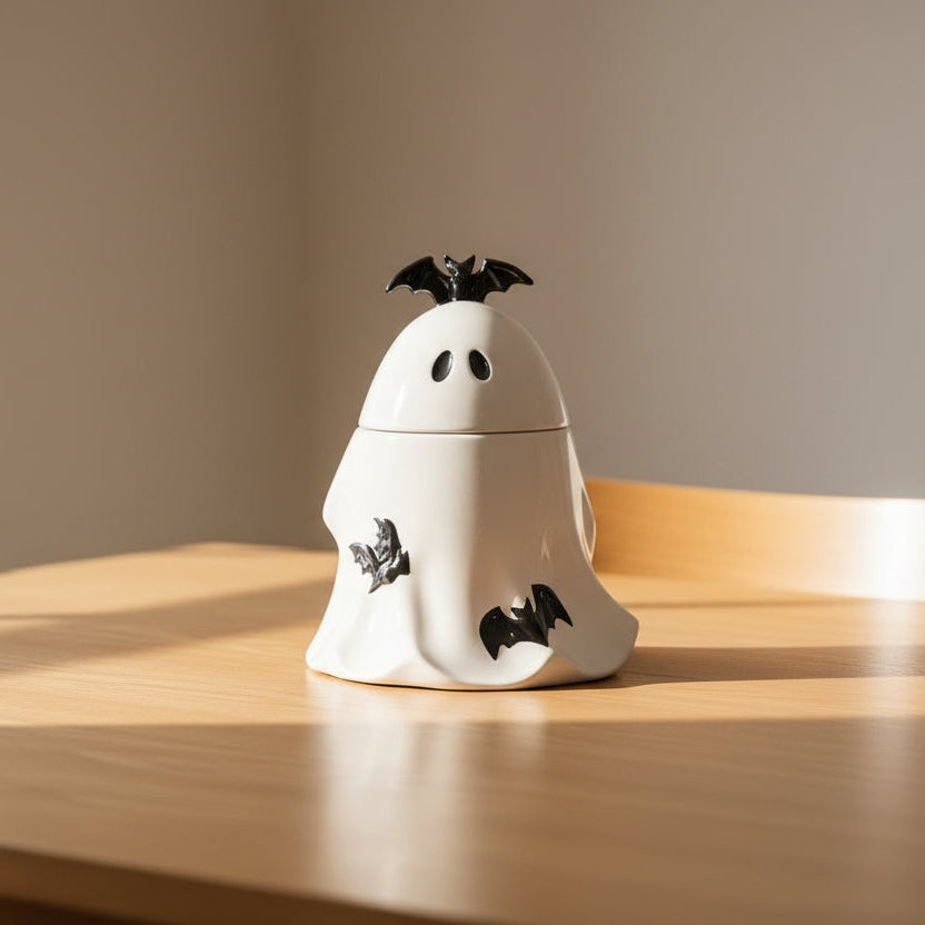 White ghost-shaped container with black bat designs on a table