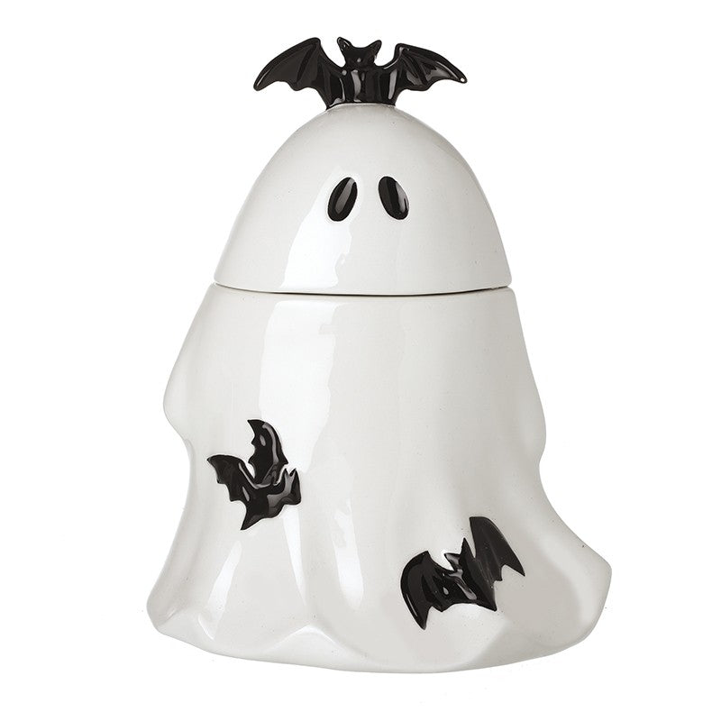White ghost-shaped container with black bat designs on a white background