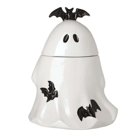 White ghost-shaped container with black bat designs on a white background