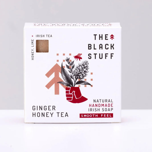 Box of 'The Black Stuff' ginger honey tea soap on a white background