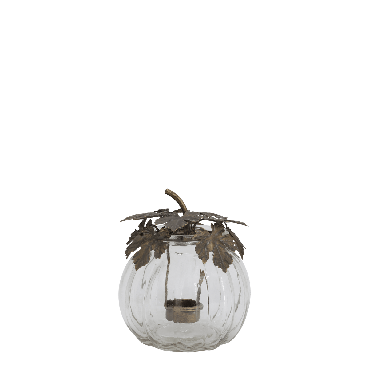 A clear glass pumpkin-shaped candle holder with a bronze metal leaf and stem decoration on top, containing a small tealight candle, shown against a plain white background.