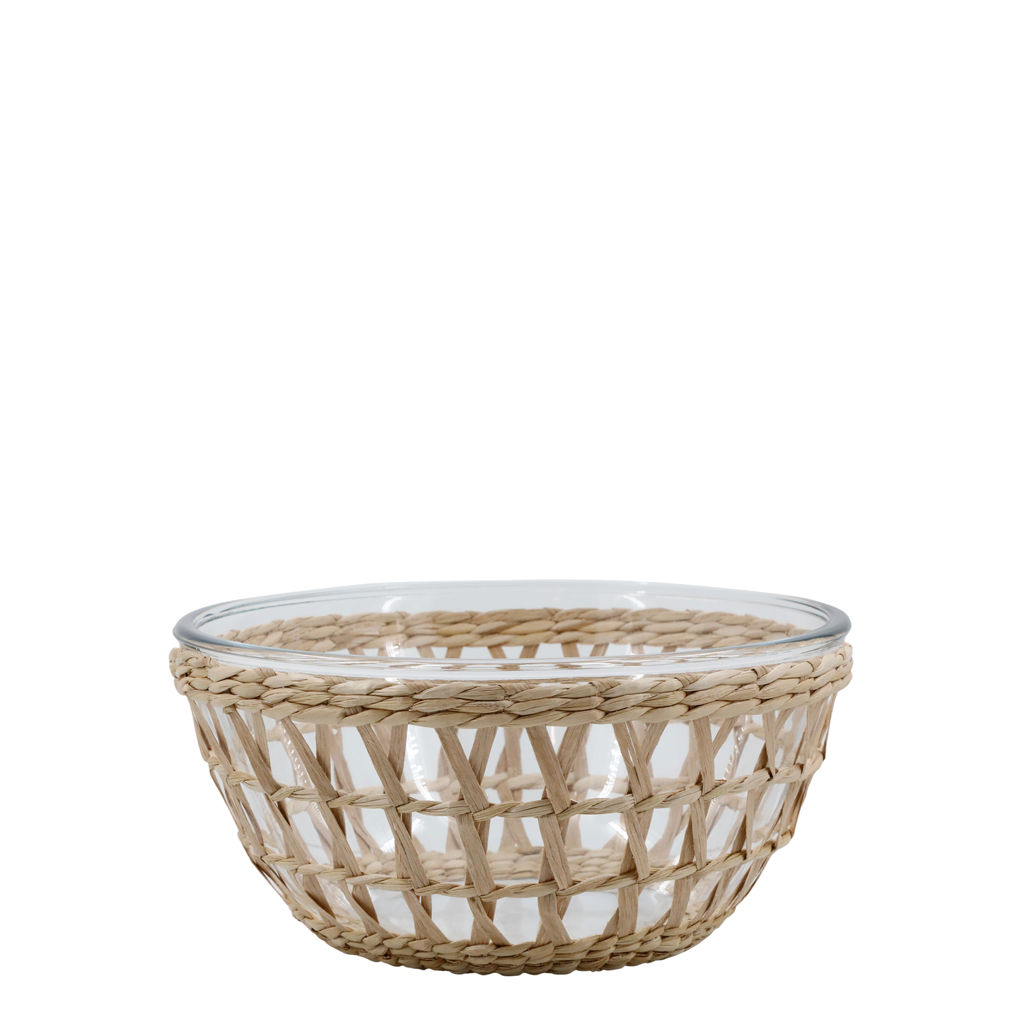 Woven basket with glass base on a white background