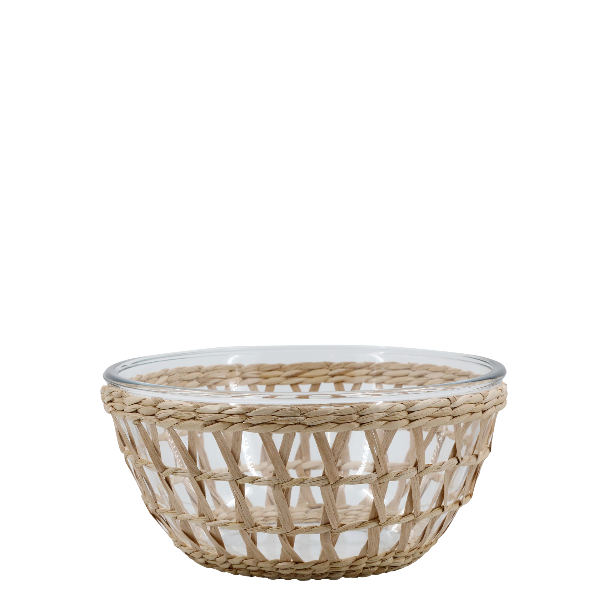 Woven basket with glass base on a white background