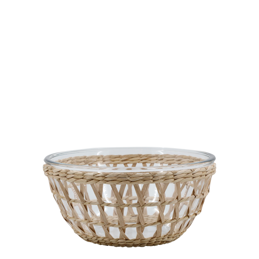 Woven basket with glass base on a white background