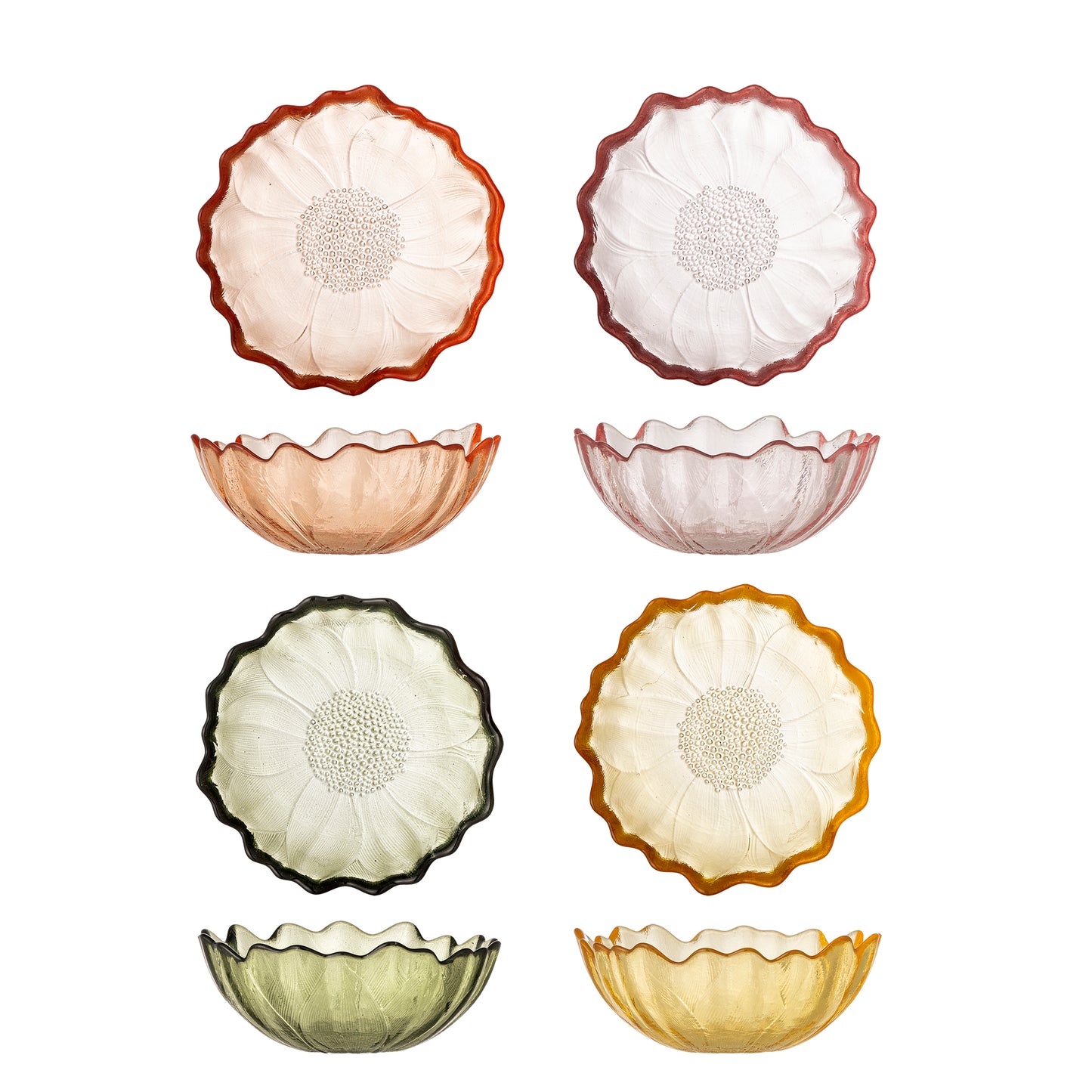 Set of four glass bowls in various colors on a white background