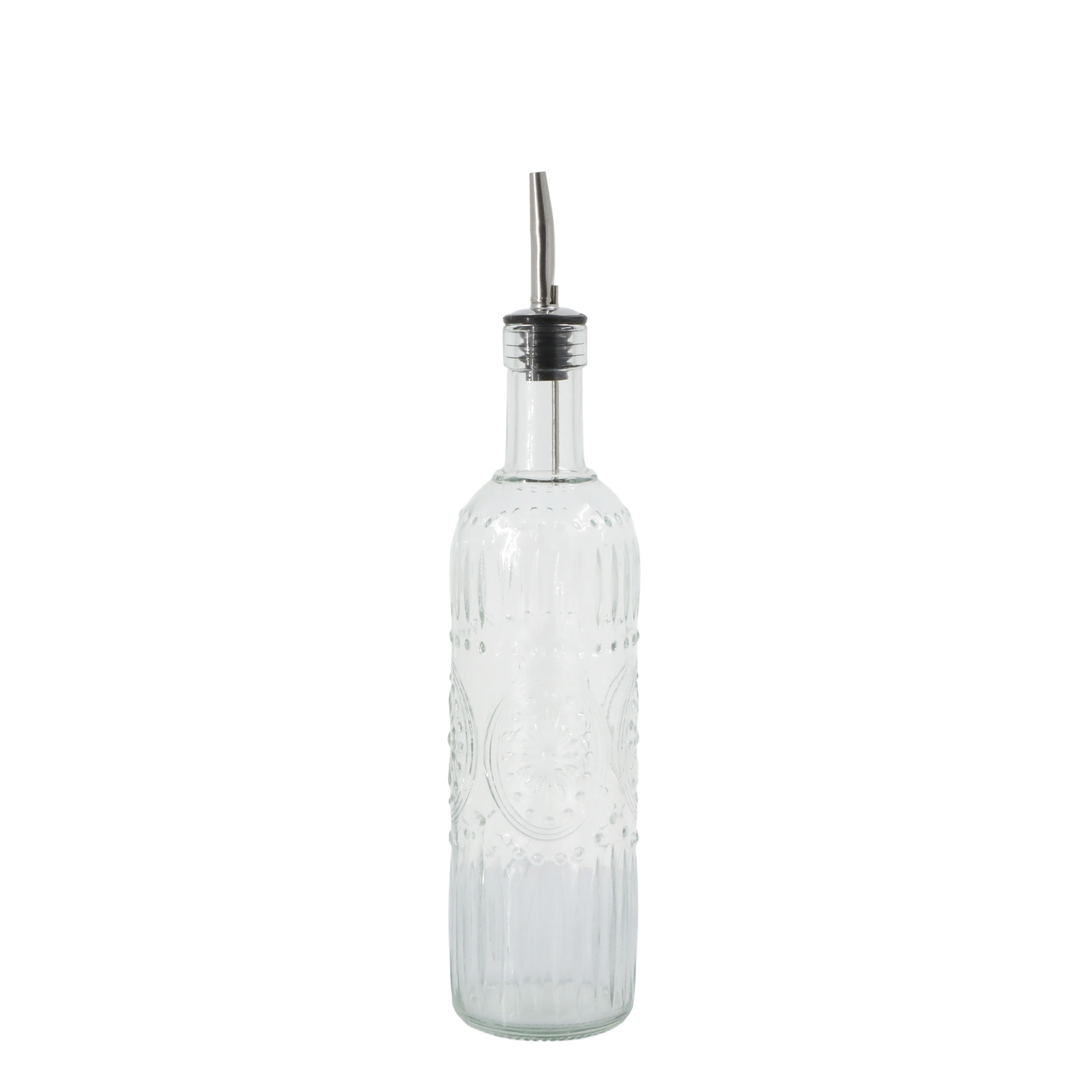 Clear glass bottle with a silver cap on a white background