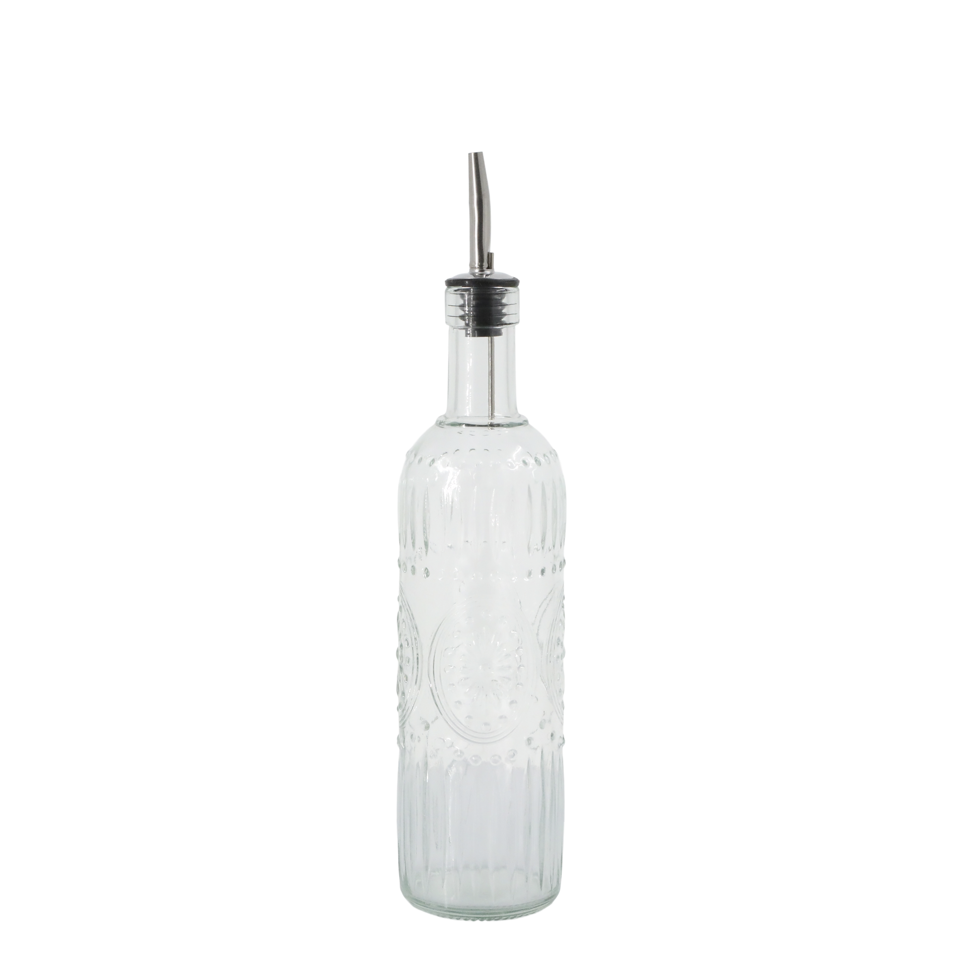 Clear glass bottle with a silver cap on a white background
