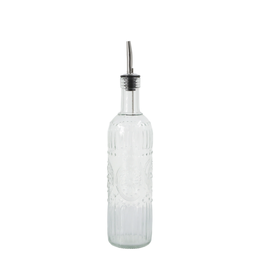 Clear glass bottle with a silver cap on a white background