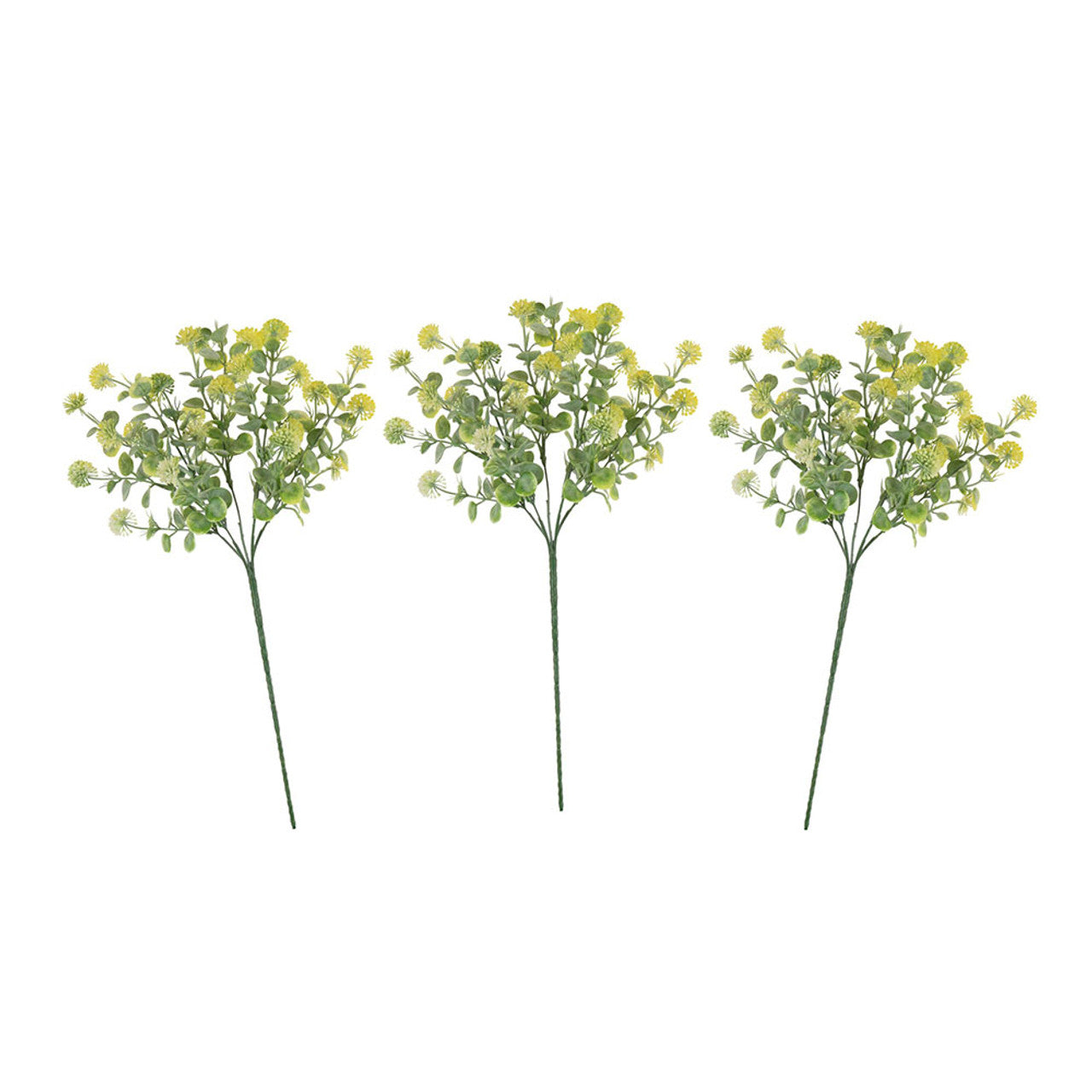 Three sprays of artificial Globe Ball flowers in yellow and foliage with green stems against a white background.