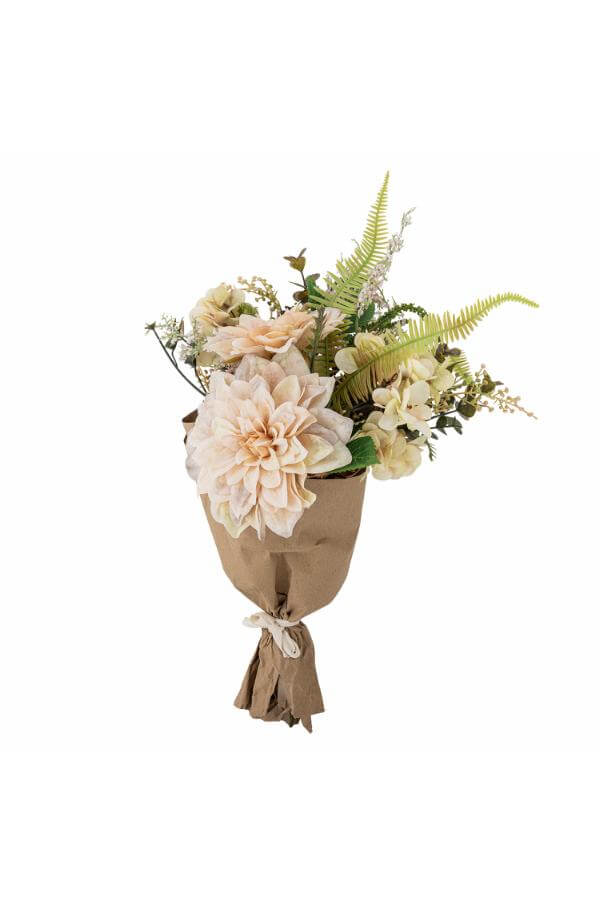 Bouquet of flowers wrapped in brown paper on a white background