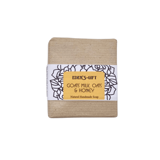 A packaged bar of handmade soap labeled 'Goats Milk, Oats & Honey' from Eden's Gift.