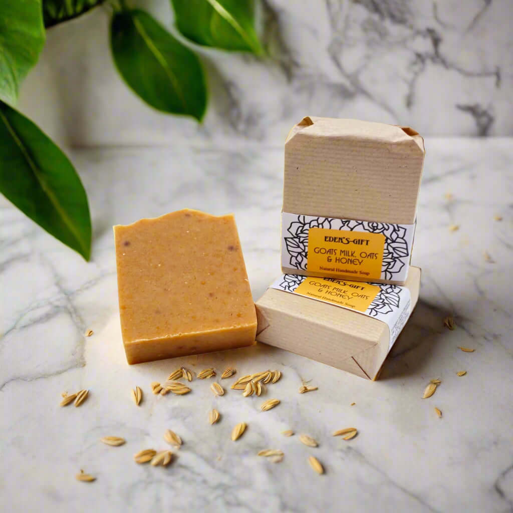 A packaged bar of handmade soap labeled 'Goats Milk, Oats & Honey' from Eden's Gift.