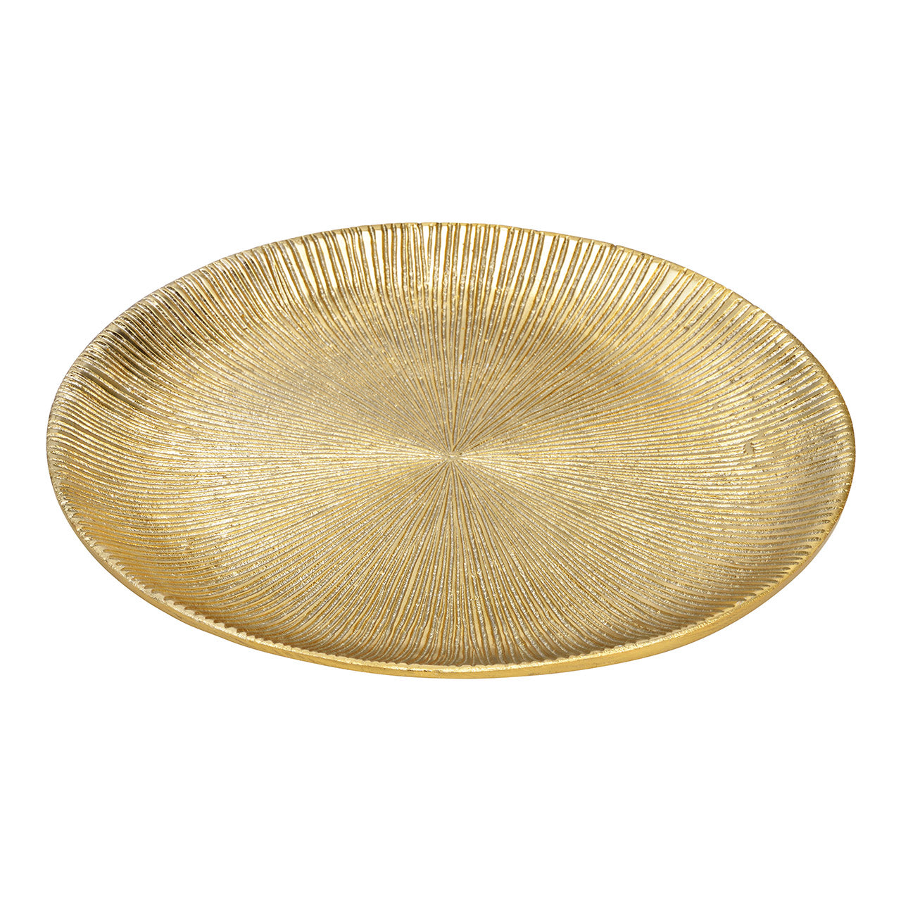 Gold decorative plate with textured surface on a white background