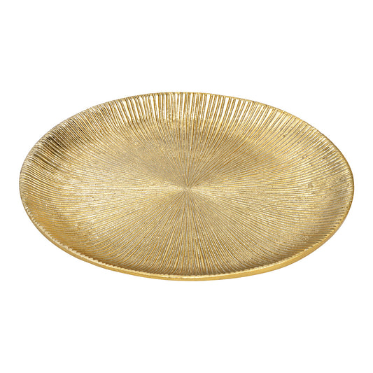 Gold decorative plate with textured surface on a white background