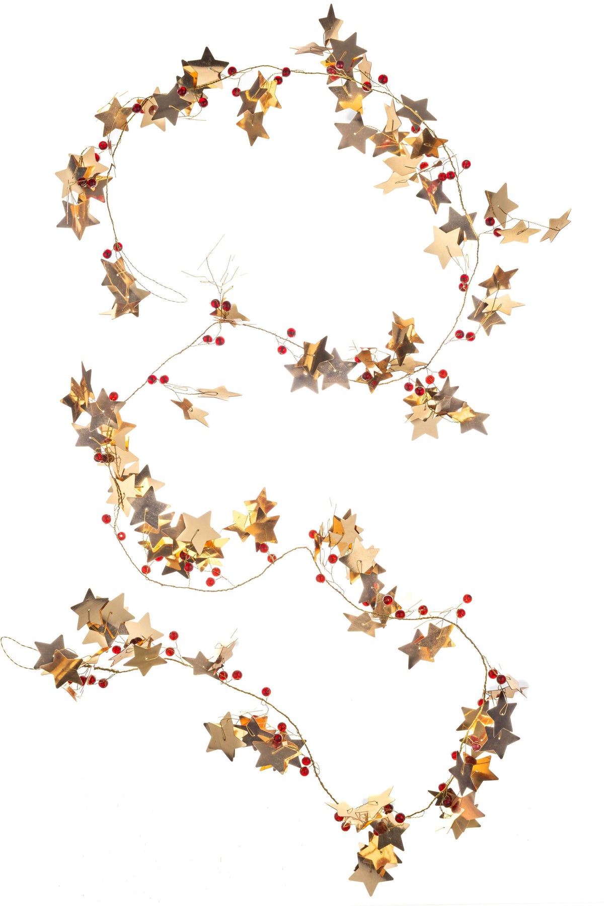 A festive garland made of metallic gold and silver star-shaped ornaments, small red berries, and gold leaf accents, arranged in a circular pattern on a plain white background.
