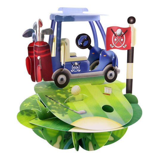 Golf-themed pop-up card with a golf cart, clubs, and flag on a white background