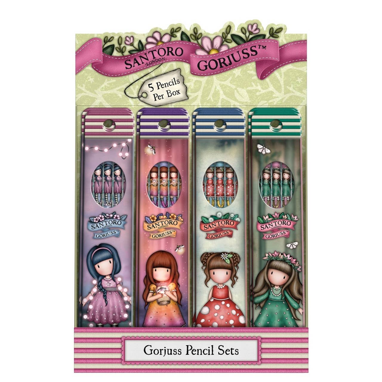 Packaged Gorjuss pencils with colorful packaging featuring dolls and decorative elements.