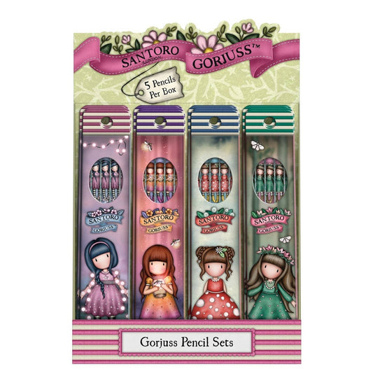 Packaged Gorjuss pencils with colorful packaging featuring dolls and decorative elements.