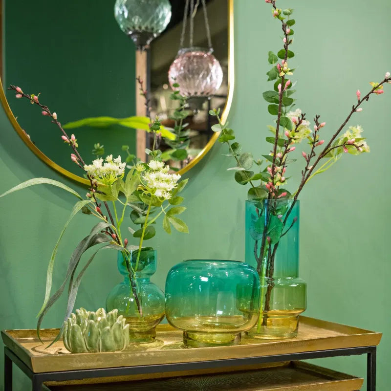 Green & Yellow Ombre Glass Vase on sideboard