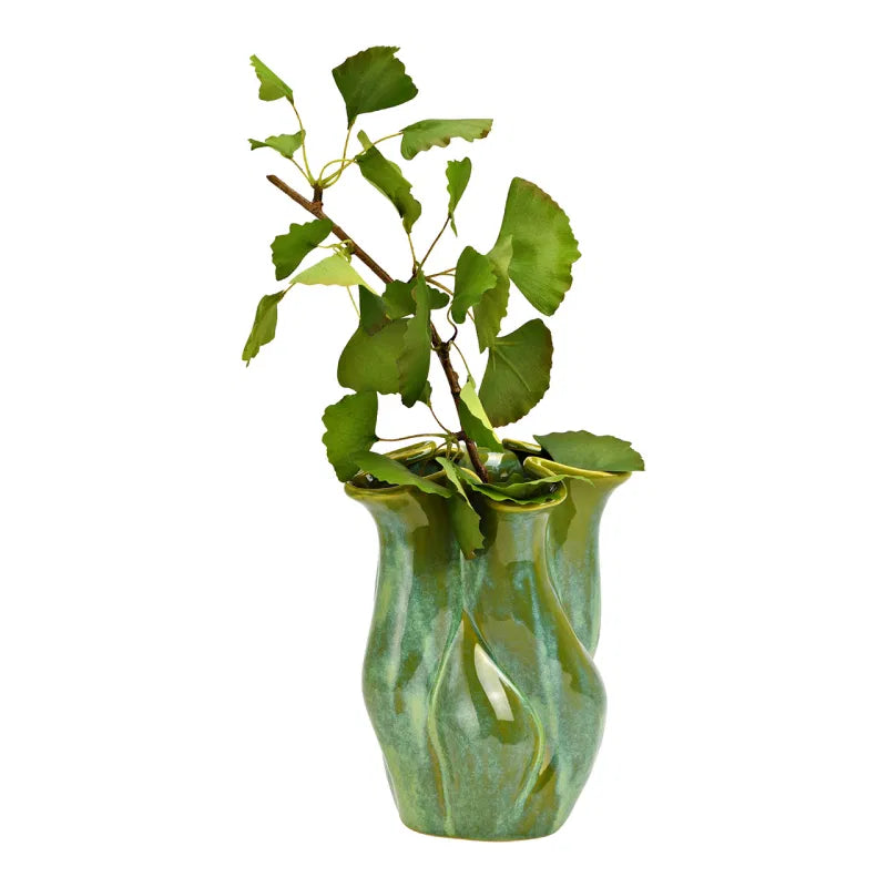 Green Fluted Top Vase with flowers
