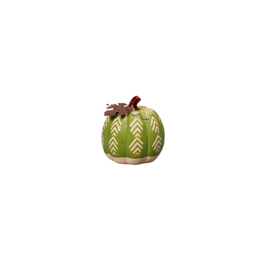 Pretty green ceramic pumpkin with chevron design and rustic metal leaf on white background