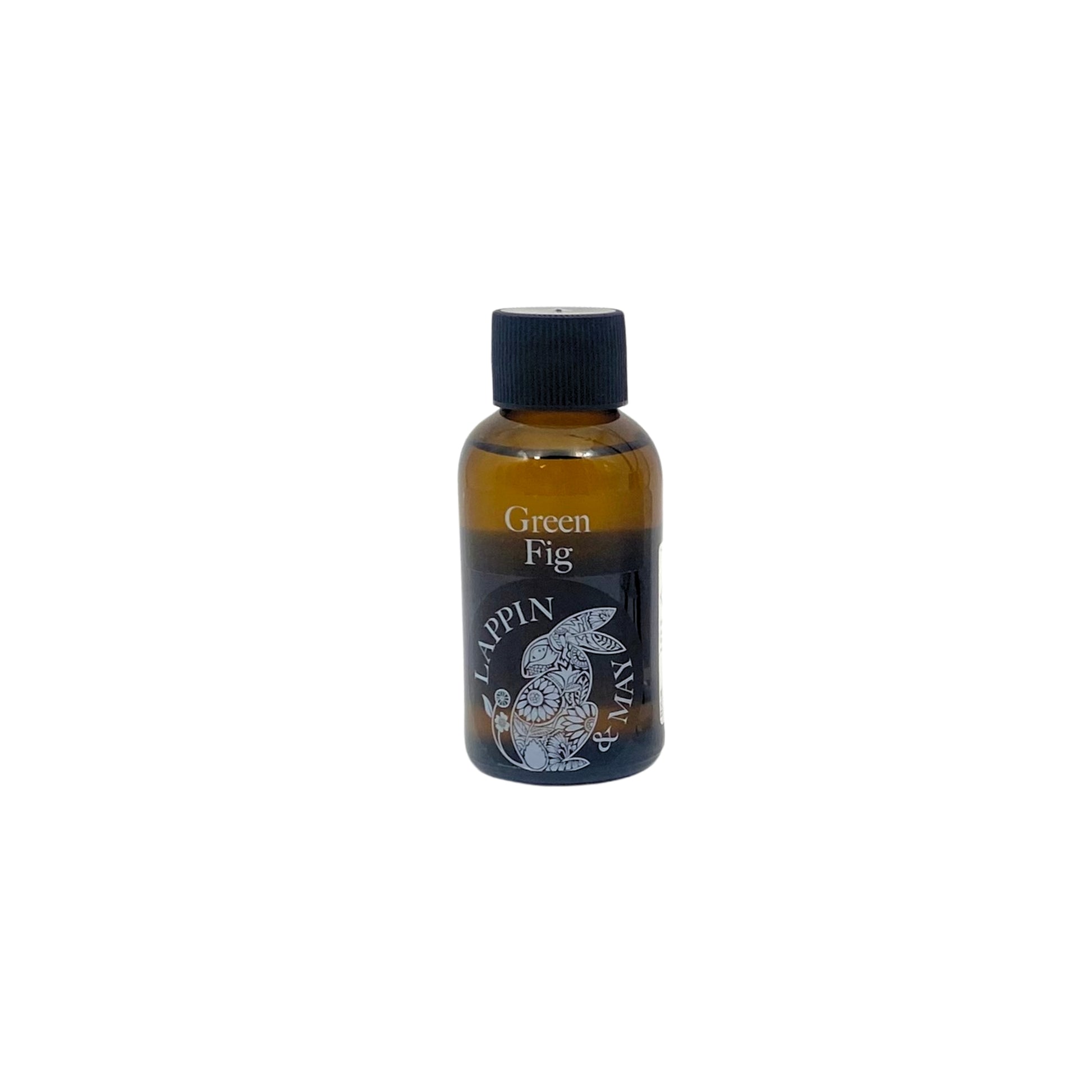 A bottle of Green Fig fragrance oil for diffusers, with a label showing the product name and an image of a hare.