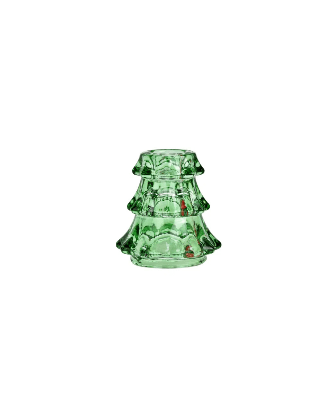 Green glass Christmas tree ornament on a white background