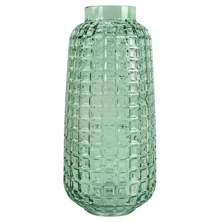 A green glass vase with a cube embossed pattern, tall and slender in shape, displayed against a white background.