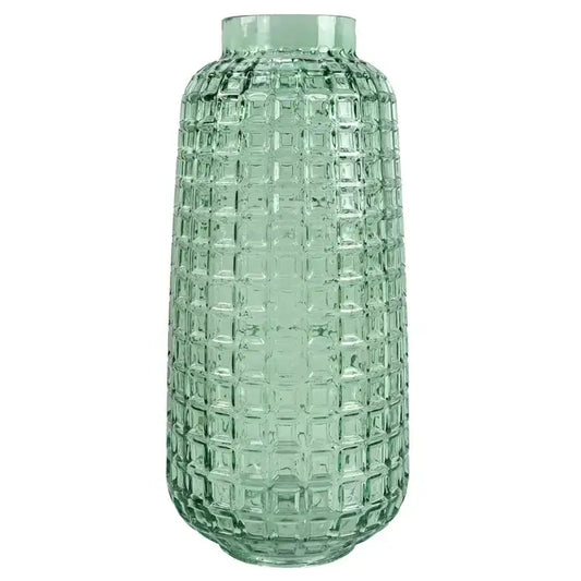 A green glass vase with a cube embossed pattern, tall and slender in shape, displayed against a white background.