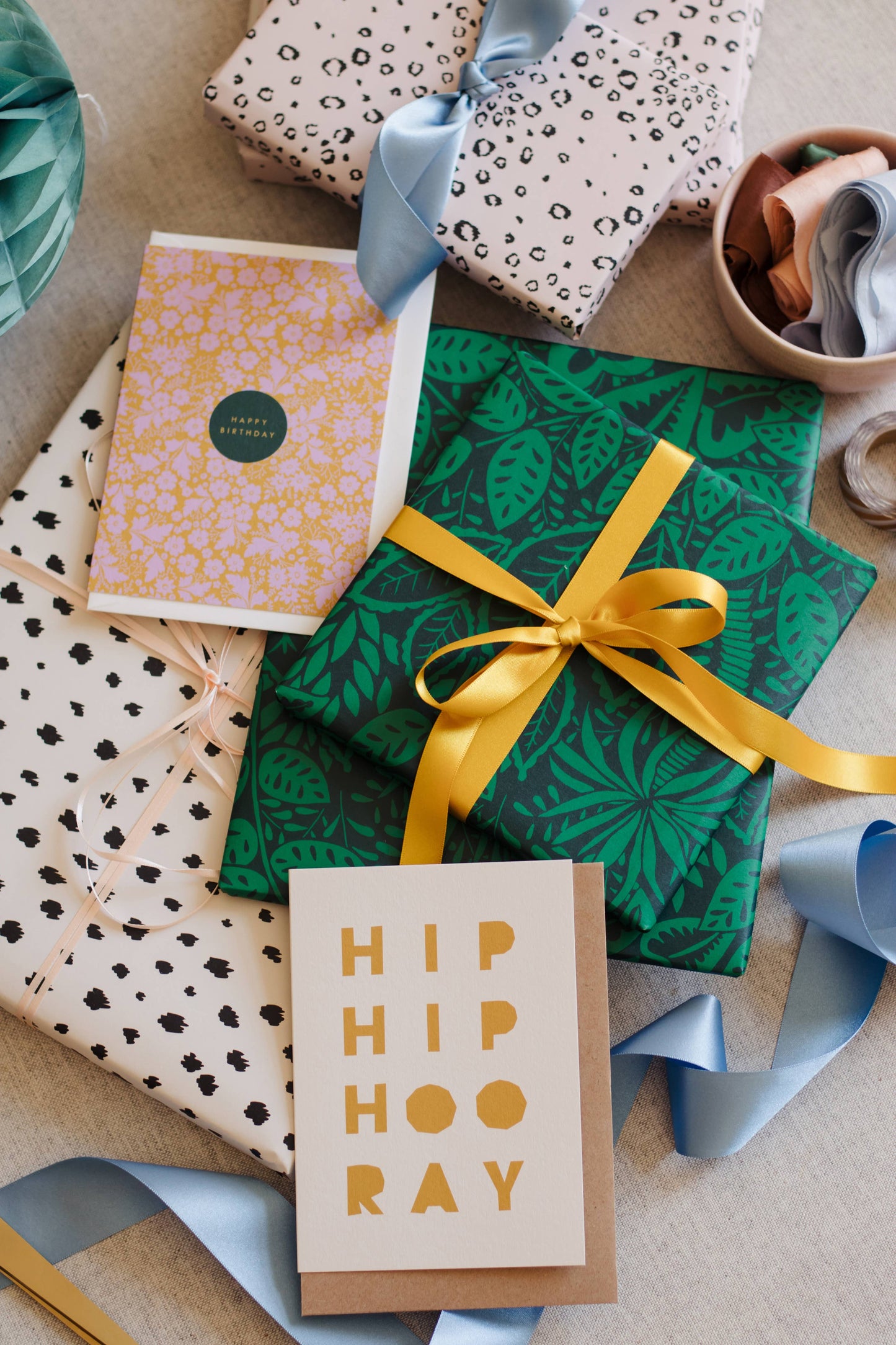 Assorted gift wrapped parcels on a table