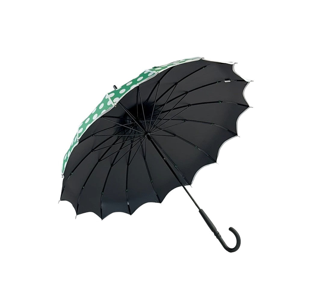 Green pagoda style umbrella with white trim and polka dots on its side showing black underside