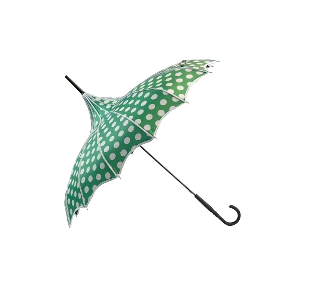 Green pagoda style umbrella with white trim and polka dots