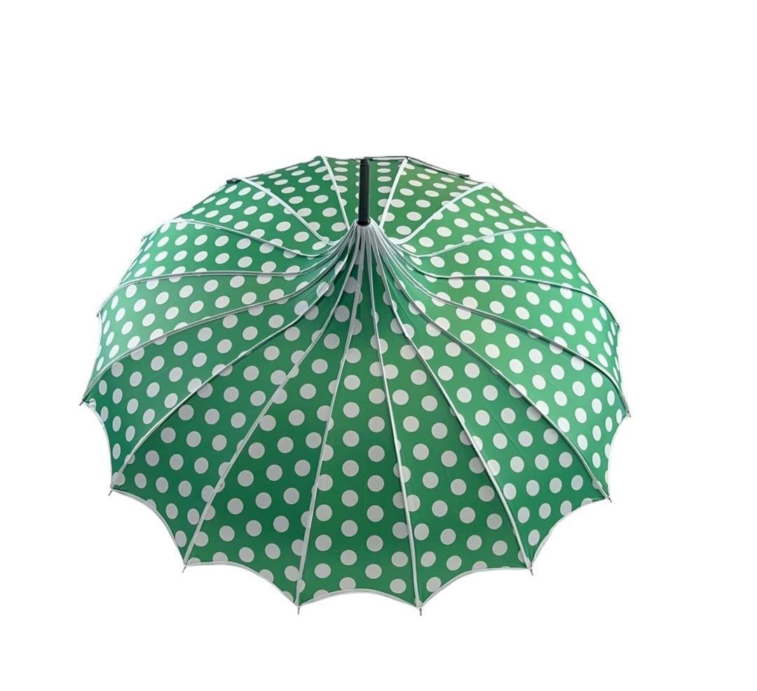 Green pagoda style umbrella with white trim and polka dots viewed from above