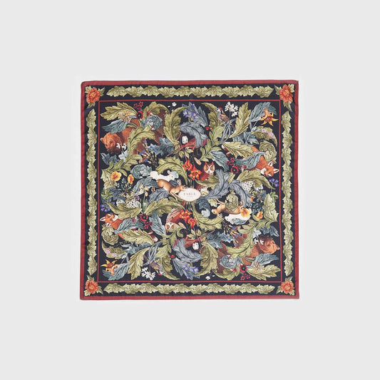 Decorative square scarf with floral and bird pattern on a white background