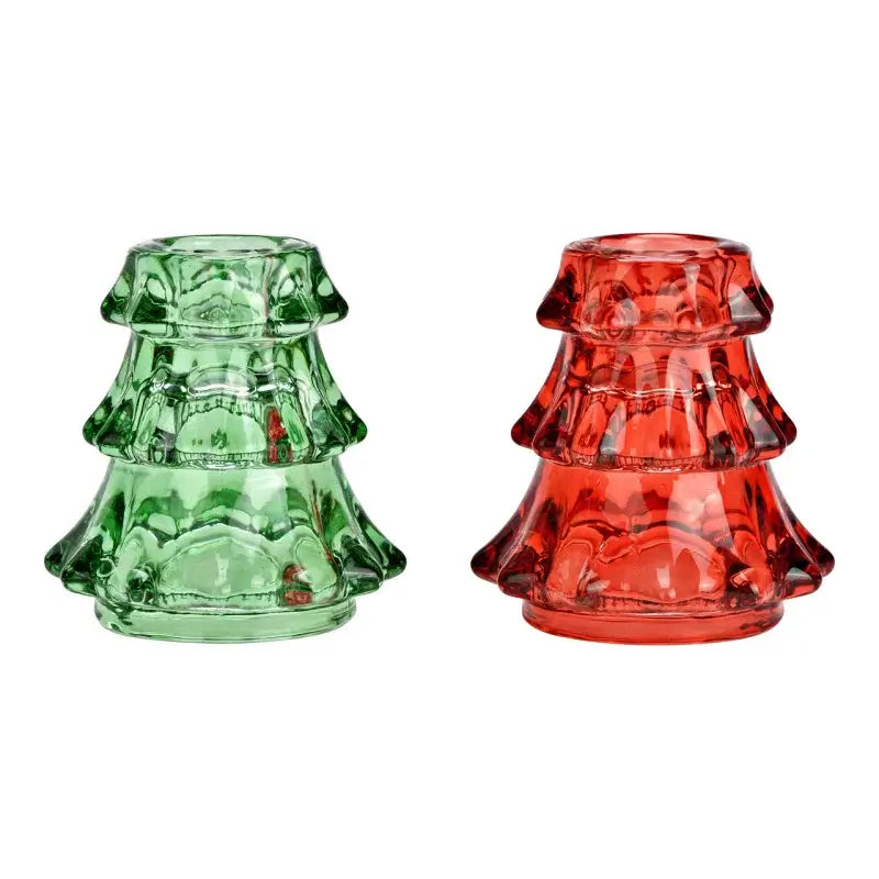 Two glass Christmas trees, one green and one red, on a white background