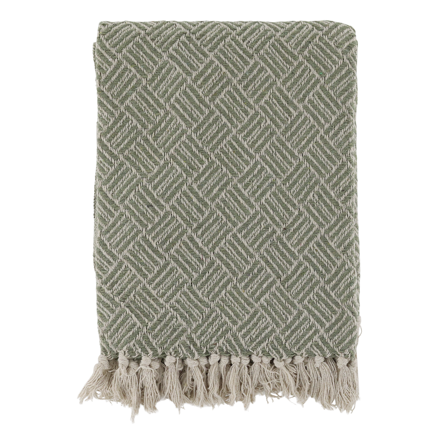 Green woven throw blanket with tassels on a white background