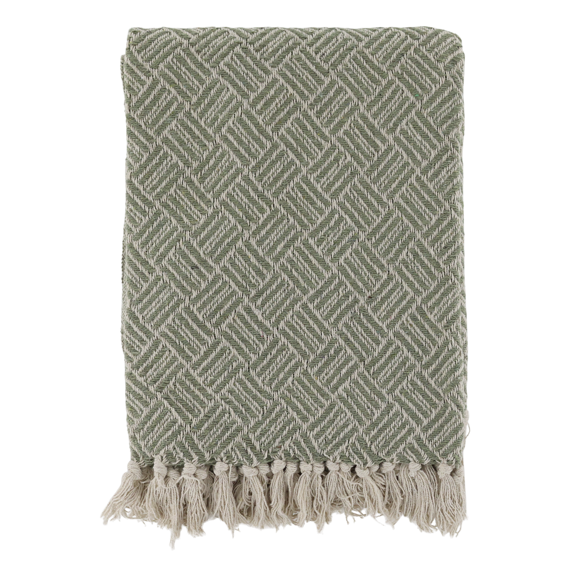 Green woven throw blanket with tassels on a white background