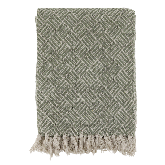 Green woven throw blanket with tassels on a white background