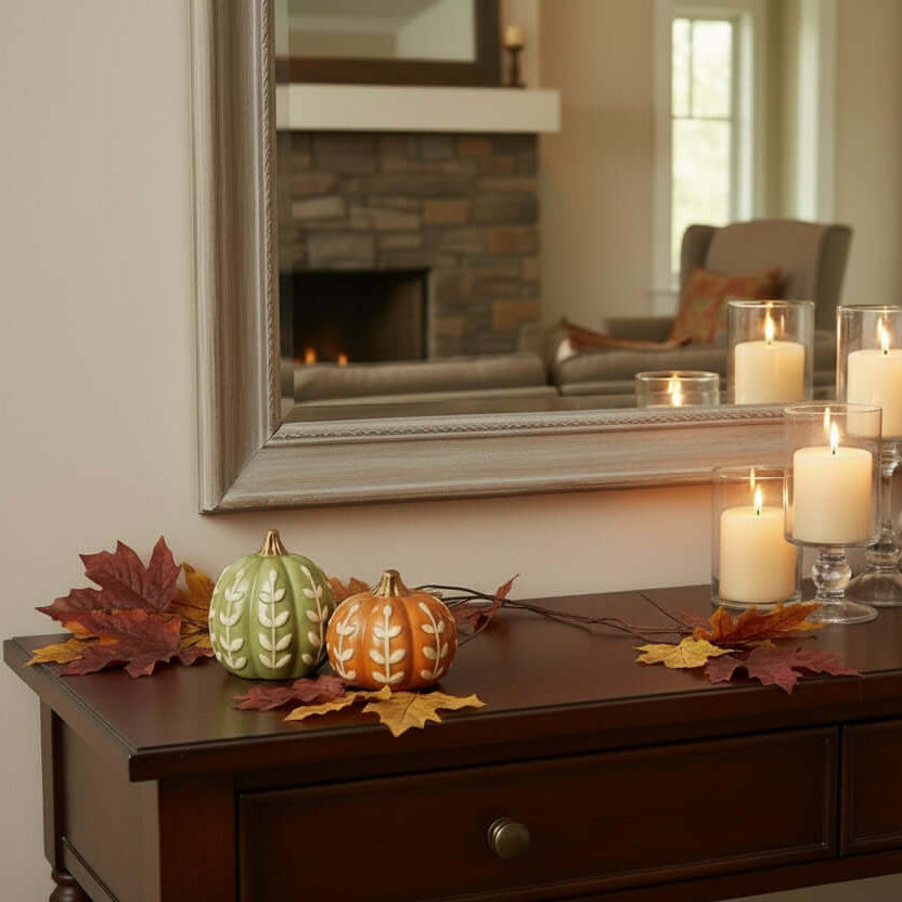 Two ceramic pumpkins, one green and one orange, with leaf patterns on a sideboard