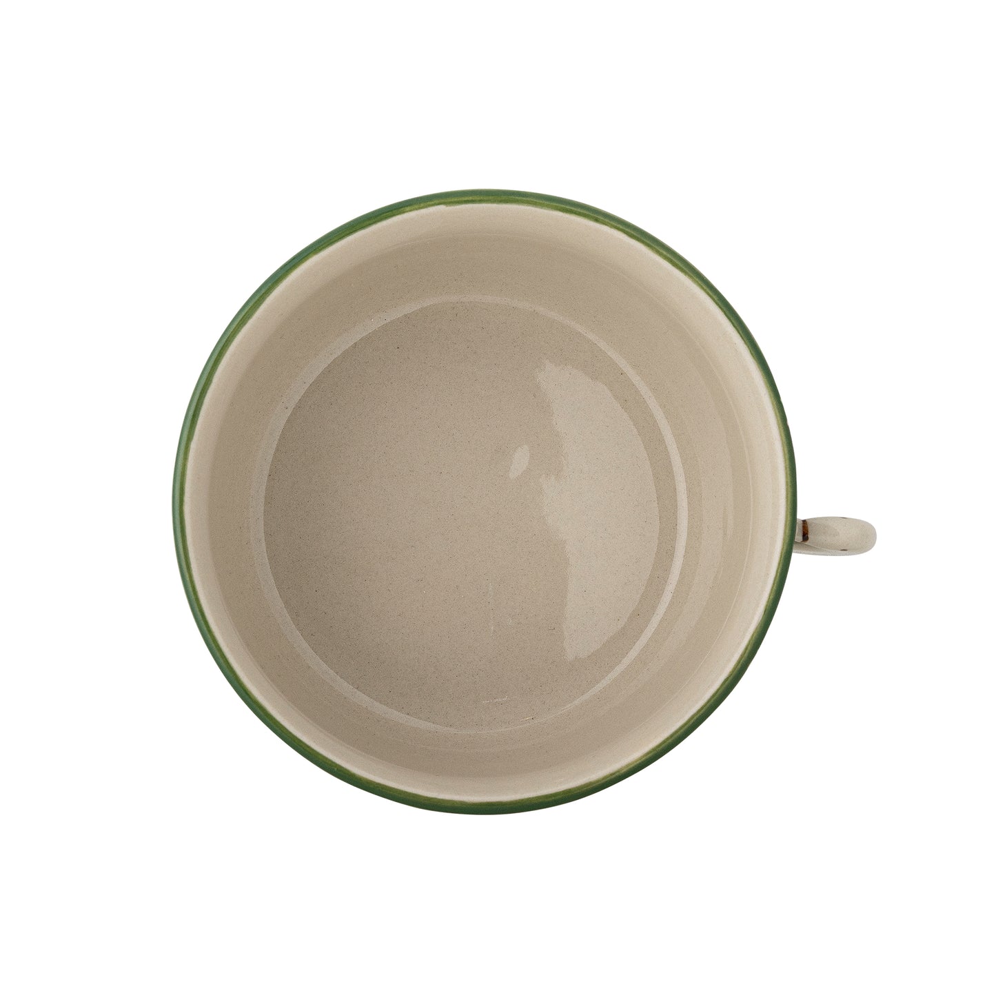 Green-rimmed beige mug on a white background