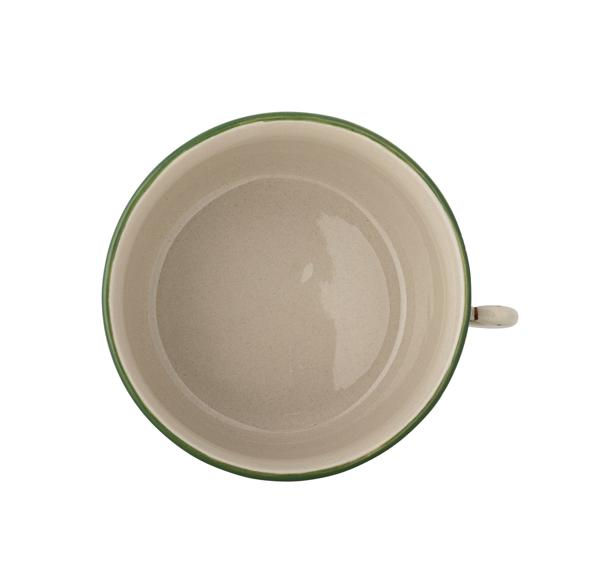Green-rimmed beige mug on a white background