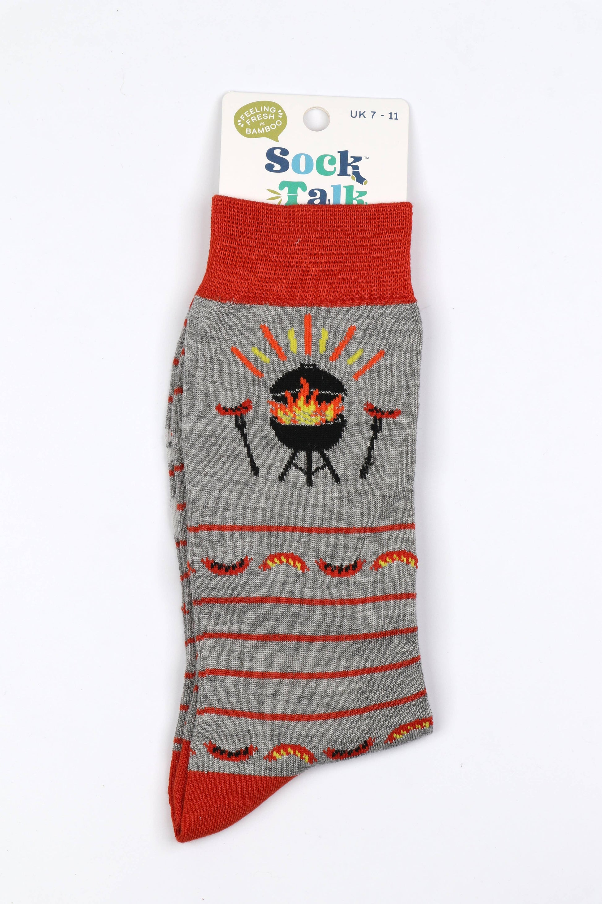 Gray sock with barbecue design and red accents on a white background