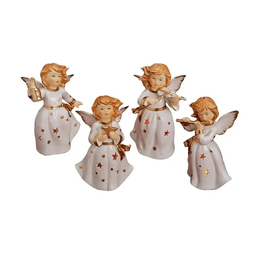 Four angel figurines with different poses and instruments on a white background