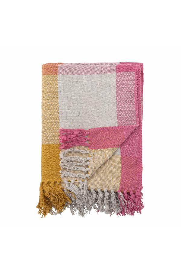 Multicolored checkered blanket with fringes on a white background