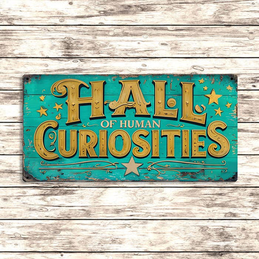 Vintage-style sign with 'Hall of Human Curiosities' text on a wooden background