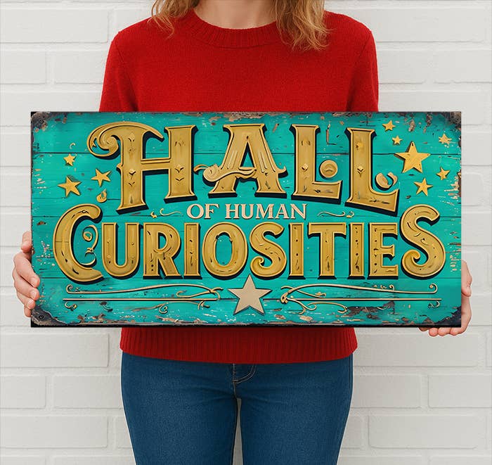 Hall of Human Curiosities Metal Sign held up by a person