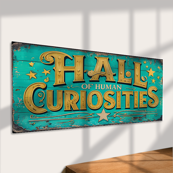 Decorative sign with 'Hall of Human Curiosities' text on a teal background